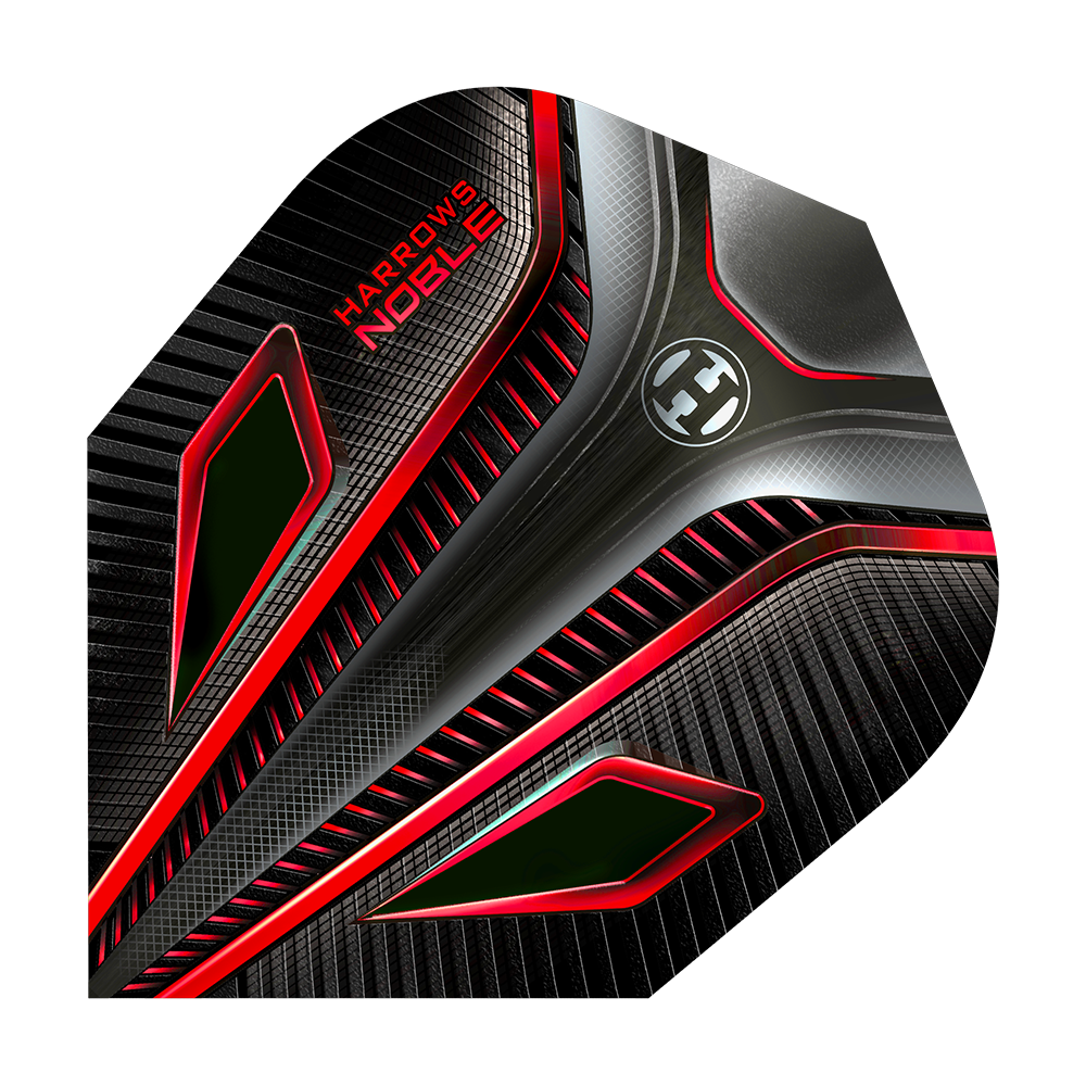 Dies ist ein Harrows Noble Red Standard Flight für Darts. Das Design ist schwarz mit auffälligen roten und silbernen Akzenten.